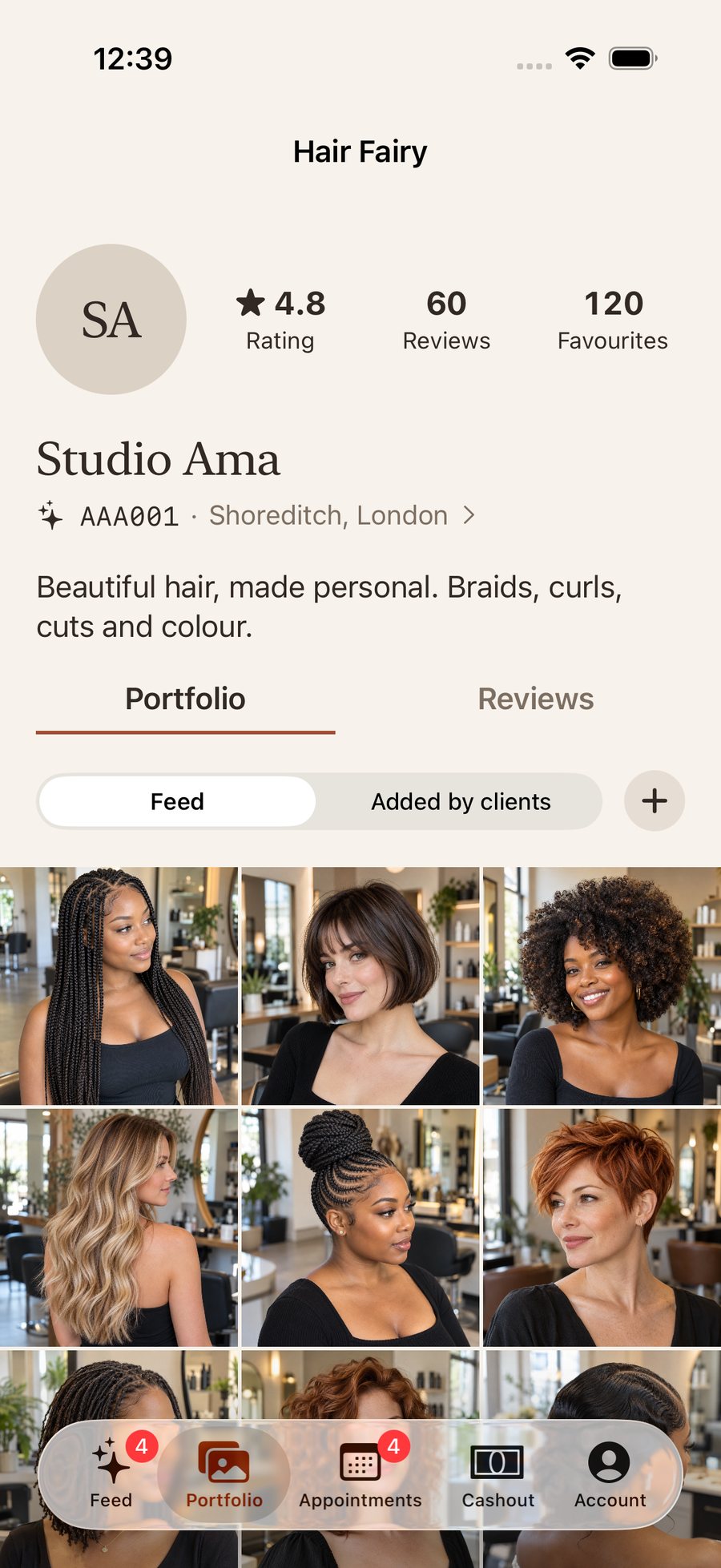 Hair Fairy example stylist portfolio, with hairstyle photos, reviews and favourites