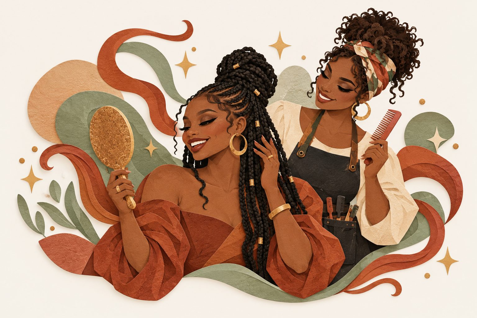 A Black stylist and her Black client celebrating a braided hairstyle