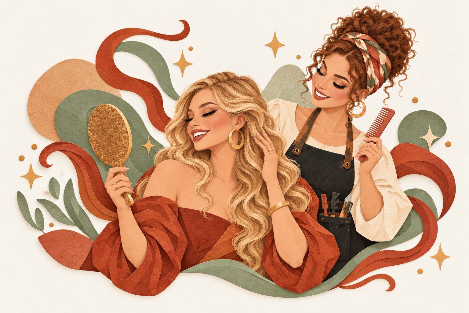A white stylist and her white client celebrating a wavy hairstyle